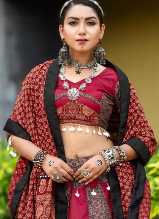 Brown and Rani Print Work Cotton Readymade Lehenga Choli