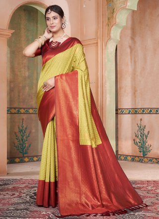 Brown and Sea Green Kanjivaram Silk Woven Work Classic Sari for Ceremonial