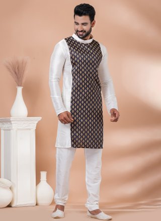Brown and White Banarasi Silk Fancy Work Kurta Pyjama for Engagement