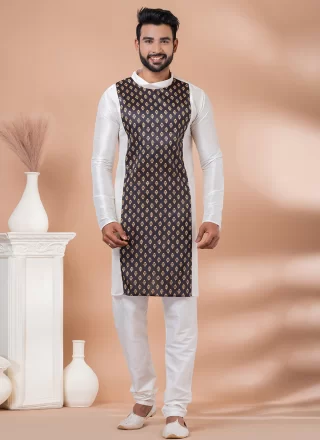 Brown and White Banarasi Silk Fancy Work Kurta Pyjama for Engagement