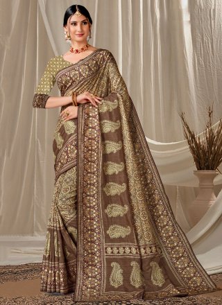 Brown Art Silk Contemporary Saree with Embroidered and Print Work