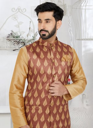 Brown Banarasi Silk Print Work Nehru Jackets