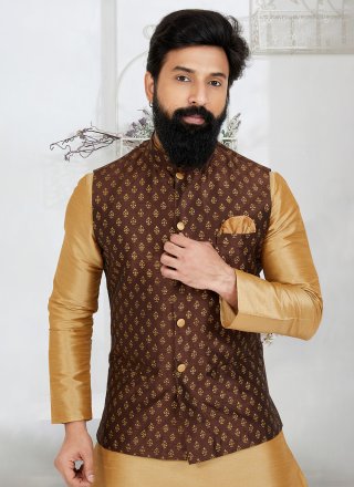 Brown Banarasi Silk Print Work Nehru Jackets for Ceremonial