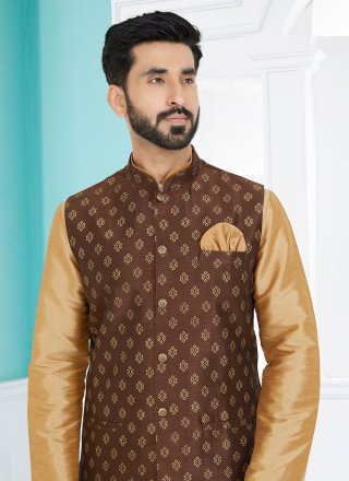 Brown Banarasi Silk Print Work Nehru Jackets for Men