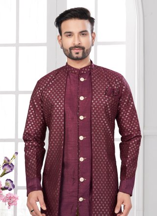 Brown Banarasi Silk Sherwani Mens Wear with Buttons, Machine Embroidery and Thread Work