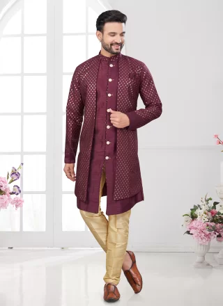 Brown Banarasi Silk Sherwani Mens Wear with Buttons, Machine Embroidery and Thread Work