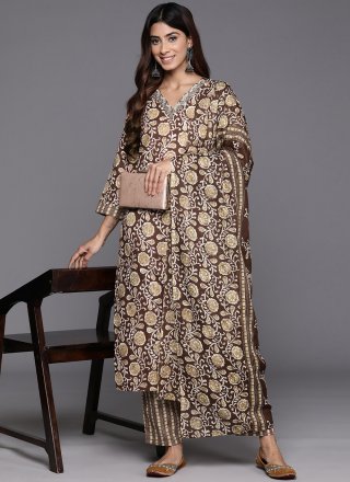 Brown Blended Cotton Print Work Salwar Suit for Ceremonial