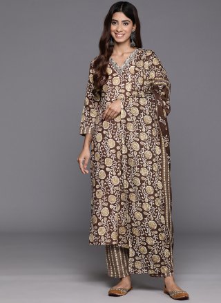 Brown Blended Cotton Print Work Salwar Suit for Ceremonial