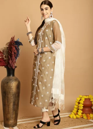 Brown Chanderi Readymade Salwar Suit with Embroidered Work