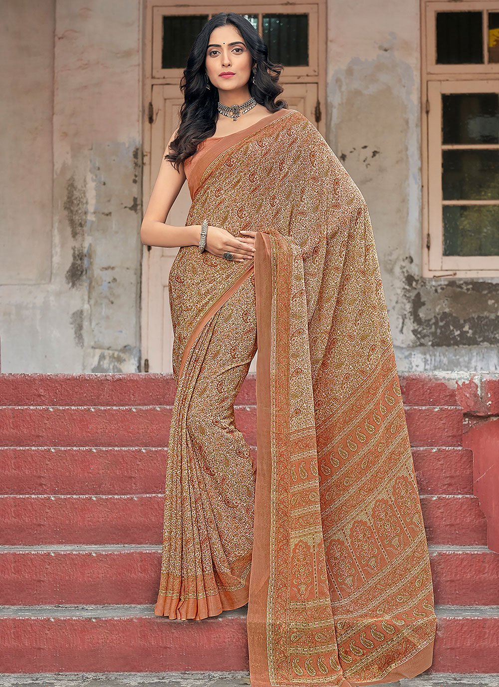 Light Brown Printed Chiffon Sarees for Women With Blouse – Stilento