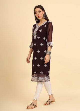 Brown Chikankari, Embroidered and Lucknowi Work Work Georgette Casual Kurti