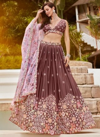 Brown Chinon A - Line Lehenga Choli with Embroidered, Moti, Sequins and Thread Work for Women