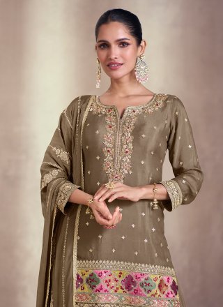 Brown Chinon Embroidered Work Palazzo Salwar Suit for Ceremonial