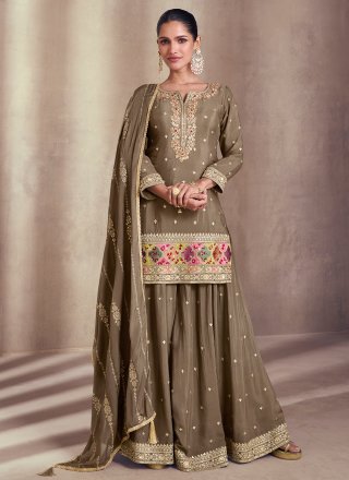 Brown Chinon Embroidered Work Palazzo Salwar Suit for Ceremonial