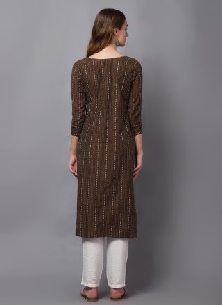 Brown Cotton Casual Kurti with Embroidered Work for Casual
