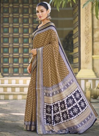 Brown Cotton Classic Saree with Print Work
