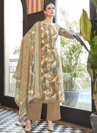 Brown Cotton Digital Print and Embroidered Work Salwar Suit
