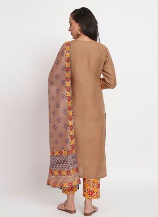 Brown Cotton Embroidered and Print Work Pant Style Suit