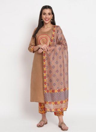 Brown Cotton Embroidered and Print Work Pant Style Suit