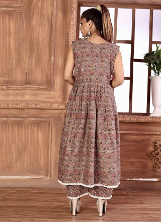 Brown Cotton Party Wear Kurti with Print Work