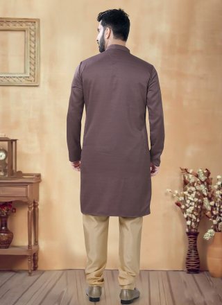 Brown Cotton Plain Work Kurta Pyjama for Ceremonial