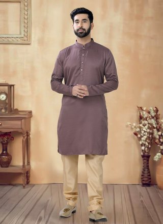 Brown Cotton Plain Work Kurta Pyjama for Ceremonial