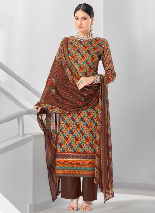Brown Cotton Salwar Suit with Digital Print Work for Casual