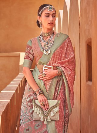 Brown Cotton Satin Foil Print Work Classic Saree for Ceremonial