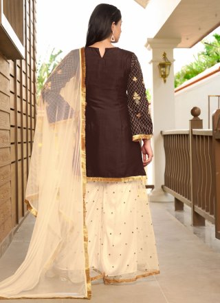 Brown Cotton Silk Palazzo Salwar Suit with Embroidered and Zari Work