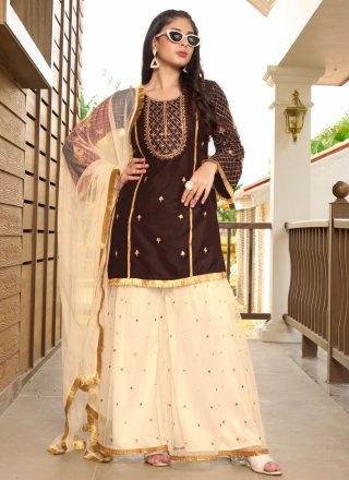 Brown Cotton Silk Palazzo Salwar Suit with Embroidered and Zari Work