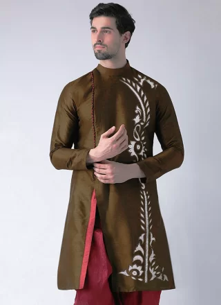 Brown Dupion Silk Angrakha Mens Wear with Embroidered Work for Men