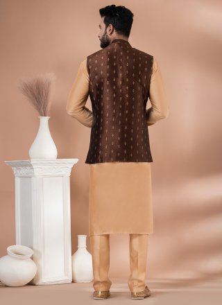Brown Dupion Silk Plain and Print Work Kurta Payjama with Jacket for Ceremonial