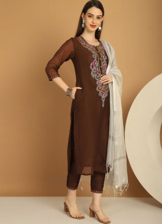 brown embroidered work chanderi salwar suit 277099