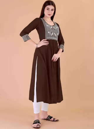 Brown Embroidered Work Rayon Casual Kurti