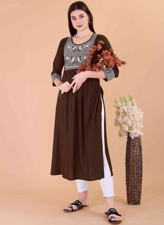 Brown Embroidered Work Rayon Casual Kurti