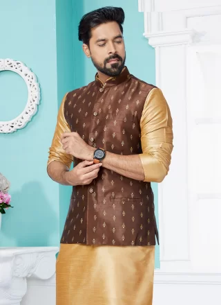 Brown Fancy Work Banarasi Silk Nehru Jackets