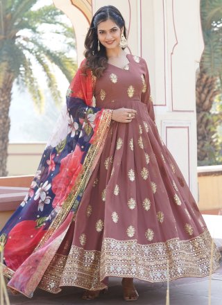 Brown Faux Georgette  Designer Gown with Embroidered, Sequins and Zari Work