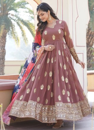 Brown Faux Georgette  Designer Gown with Embroidered, Sequins and Zari Work