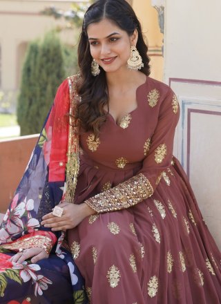 Brown Faux Georgette  Designer Gown with Embroidered, Sequins and Zari Work