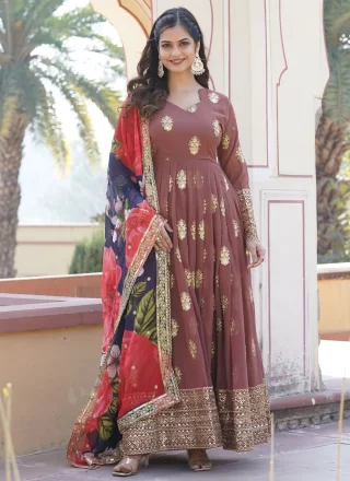 Brown Faux Georgette  Designer Gown with Embroidered, Sequins and Zari Work
