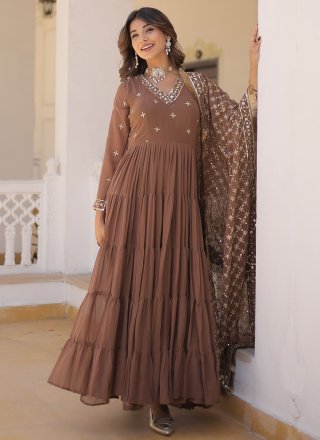 Brown Faux Georgette Embroidered and Sequins Work  Designer Gown for Ceremonial