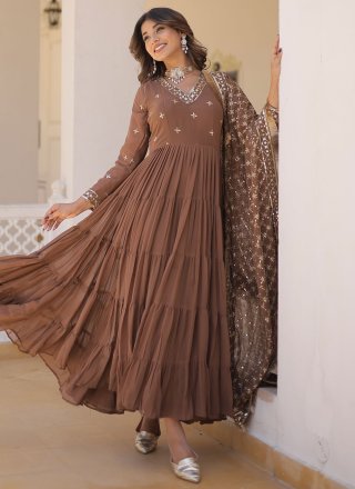 Brown Faux Georgette Embroidered and Sequins Work  Designer Gown for Ceremonial