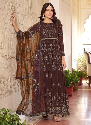Brown Faux Georgette Embroidered and Sequins Work Gown