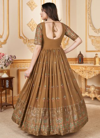 Brown Faux Georgette Gown with Foil Print Work