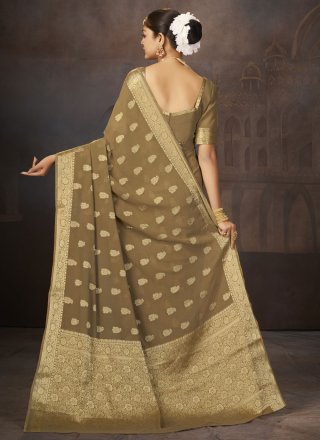 Brown Faux Georgette Weaving Work Trendy Saree for Ceremonial