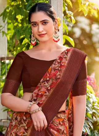 Brown Georgette Classic Saree with Print Work for Ceremonial
