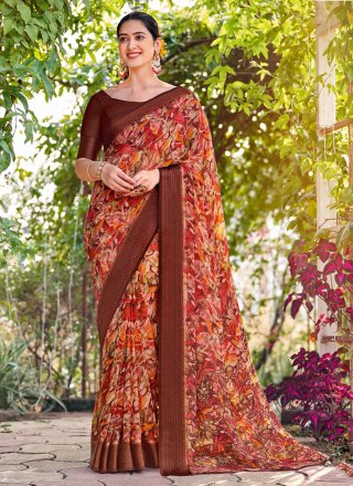 Brown Georgette Classic Saree with Print Work for Ceremonial