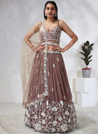 Brown Georgette Cord, Embroidered, Sequins and Thread Work Lehenga Choli for Ceremonial