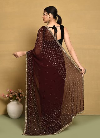 Brown Georgette Hand Work Trendy Saree for Ceremonial