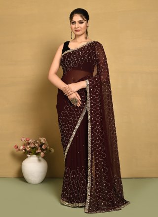 Brown Georgette Hand Work Trendy Saree for Ceremonial